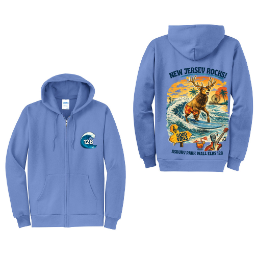 Asbury Park Wall Elks 128 - The Surfing Elk  Zip Up